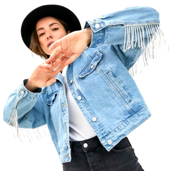 LAST ONE! Free People Rhinestone Fringe Denim Bomber Jacket Meteor Wash - Picture 10 of 15